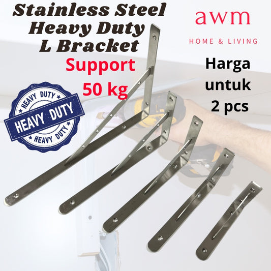 AWM Stainless Steel 304 Heavy Duty L Bracket thickness 4mm DIY dinding Home wall shelf bracket sesiku besi L floating