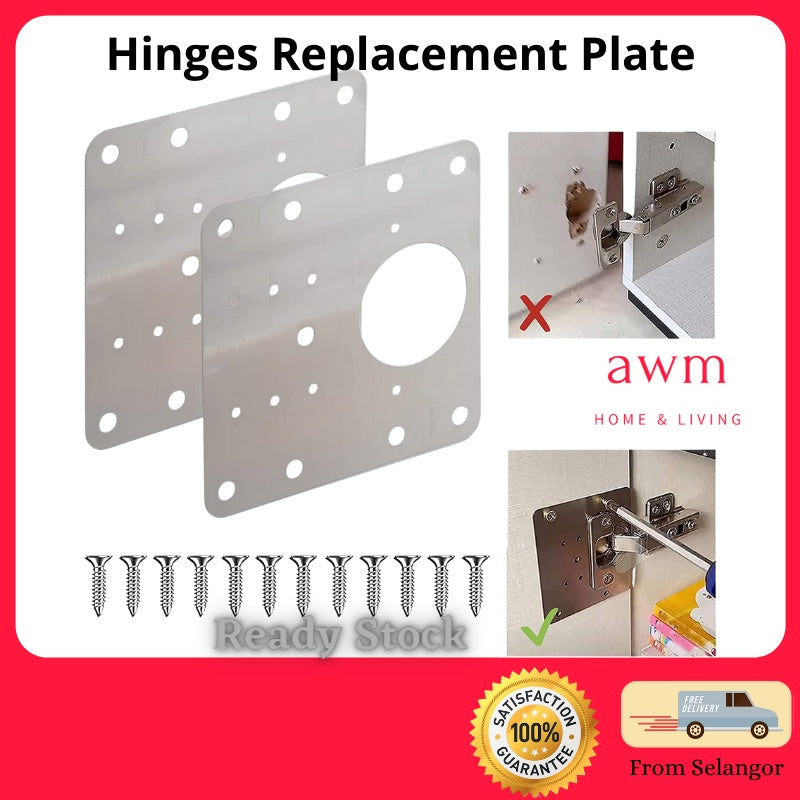 AWM Hinge Repair Plates Stainless Steel Cabinet Door Repair Plate hinges with Screws Pembaiki Plat Besi Kabinet
